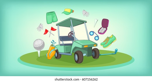 Golf symbols horizontal banner concept. Cartoon illustration of golf symbols vector horizontal banner for web