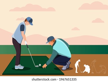 Golf teacher teaches children to play golf with golf clubs on green grass, cartoon, silhouettes, bundle vector illustration. character in different position.