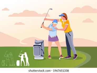 Golf teacher teaches children to play golf with golf clubs on green grass, cartoon , silhouettes, bundle vector illustration. character in different position.
