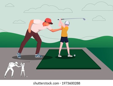 Golf teacher teaches children to play golf with golf clubs on green grass, cartoon , silhouettes, bundle vector illustration. character in different position.