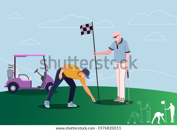 Golf teacher teaches Young man\
to play golf with golf clubs on green grass, cartoon, silhouettes,\
bundle vector illustration. character in different\
position.	