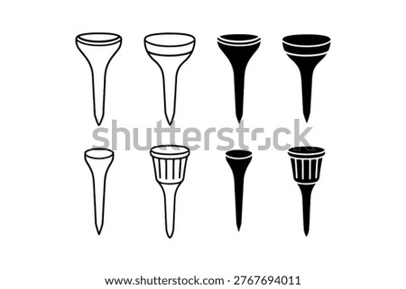 Golf tee outline icon set. Golf tee peg solid element collection. Golf stand holder, Ball tee, Sports, Outdoor ornament and decoration. Vector illustration