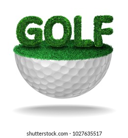 Golf text textured with grass on half golf ball with grass. Vector isolated illustration