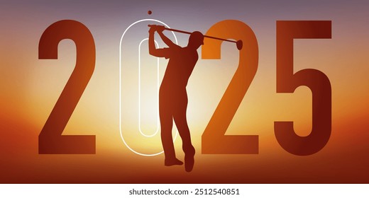 Conceito de esporte com tema de golfe para um cartão comemorativo de 2025 mostrando um jogador de golfe fazendo um swing.