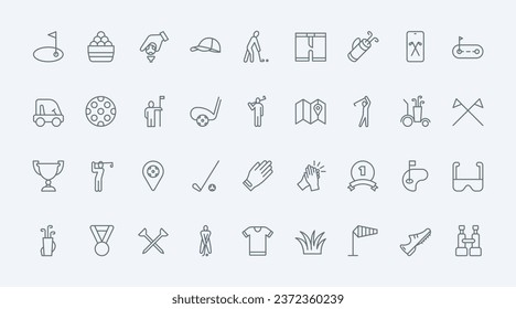 Golf thin line icons set vector illustration. Outline pictograms equipment collection for golfer, hole for ball and flag on grass field, putting activity of training player and cup award, electric car