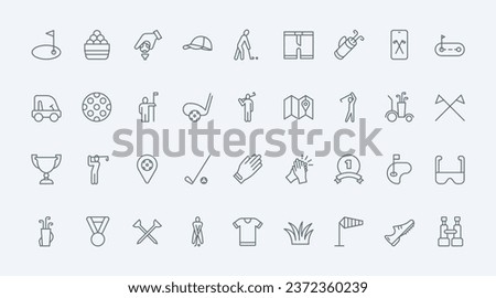 Golf thin line icons set vector illustration. Outline pictograms equipment collection for golfer, hole for ball and flag on grass field, putting activity of training player and cup award, electric car