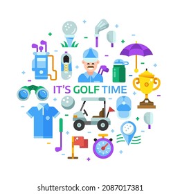 Golf time print with golfing icons stylized in circle. Golf club concept with ball, golfer, bag, umbrella and other elements and accessories.