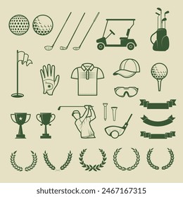 Golf tools. Sport elements set stick balls cap caps and achievements recent vector golf competition collection