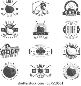 Golf Tournament black monochrome badges set. Retro collection of golf club logo and emblems. Vector illustration.