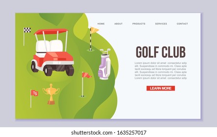 Golf tournament cartoon web template vector illustration. Summer sports competition and outdoor leisure. Bag with golf clubs, car and red flags on green background website or landing. Golf banner.