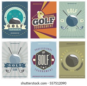 Golf Tournament Colored Posters Set. Flyer Collection For Golf Club, Vector Illustration