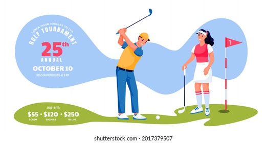 Golf tournament or competition banner flyer, ticket layout. Young male and female playing golf, vector flat cartoon character illustration. Poster background with place for text