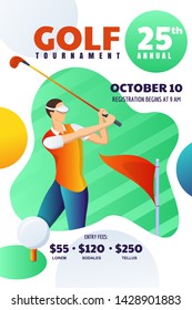 Golf tournament or competition, poster, flyer, ticket layout. Vector modern illustration of young man playing golf and hits the ball. Abstract banner background with place for text.