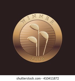 Golf tournament, competition vector logo, icon, sign. Gold design element with putters for golf trophy, prize