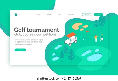 Golf tournament, courses, competition, school web site, landing page, presentation, layout, app, banner. Isometric vector illustration with man playing golf on the field with trees, lakes, sand, car