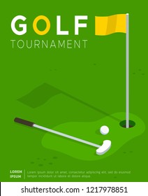 Pancarta de promociones de torneo de golf o planilla de volante de invitación. Club de golf Putter y bola en el campo de césped cerca de la bandera en el agujero. Concurso deportivo, diseño de prospectos publicitarios de los vasos internacionales