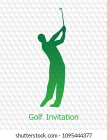 Golf Tournament Invitation Flyer Template Graphic Design. Golfer Swinging On Golfball On Golf Ball Pattern Texture.