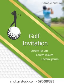 Golf Tournament Invitation Flyer Template Graphic Design. Golfer Swinging On Golfball On Golf Ball Pattern Texture With Sample Picture.