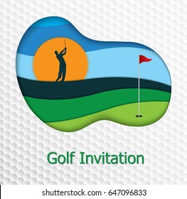 Golf tournament invitation flyer template graphic design. Golfer swinging on fairway and hole on the green. Golf ball pattern texture in background.