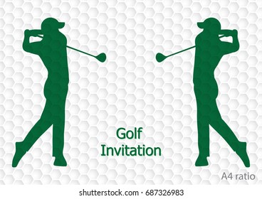 Diseño gráfico de plantilla de volante de invitación para torneos de golf. El golfista se balancea en la textura de la bola de golf. Relación A4.