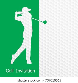 Golf tournament invitation flyer template graphic design. Golfer swinging on golf ball pattern texture.