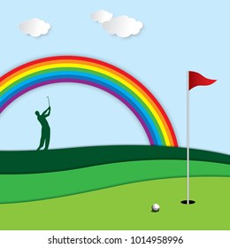 Golf tournament invitation graphic design. Golf vector background. Golf ball, golfer, fairway, green, hole, flag and rainbow.