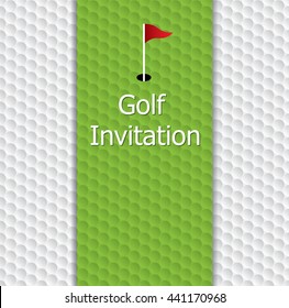 Golf tournament invitation graphic design. Golf green, flag and hole on golf ball pattern texture.