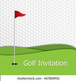 Golf Tournament Invitation Graphic Design. The Design Representing Golf Green, Flag And Hole On Golf Ball Pattern Texture.