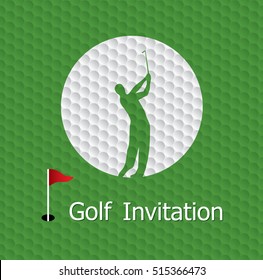 Golf tournament invitation graphic design. Golfer swinging, flag and hole on golf ball pattern texture.