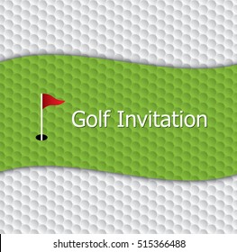 Golf tournament invitation graphic design. Golf green, flag and hole on golf ball pattern texture.