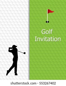 Golf tournament invitation graphic design. Flag and hole on golf ball pattern texture. And silhouette golfer swinging.