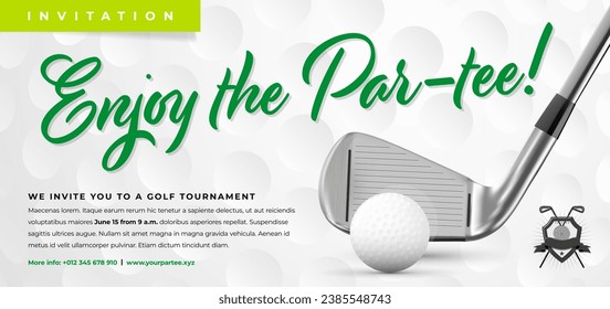 Golf tournament invitation template with metal club, ball and sample text - vector illustration