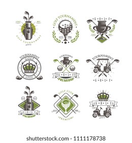 Golf tournament logo set, vintage labels for golf championship, sport club, business card vector Illustration on a white background