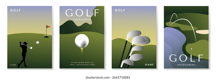Golf tournament poster design background vector set. Sport event cover template with vibrant abstract gradient golf ball, people, stadium. Ideal design for social media, flyer, promotion, card.