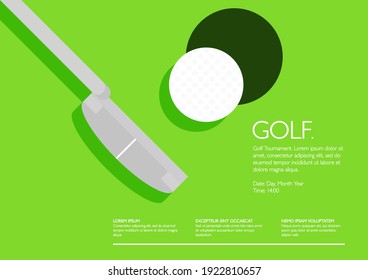 Panorama de diseño de afiches del Torneo de Golf. Plantilla de la página de aterrizaje deportivo. Putting, Hole y Green. Competencia profesional y de aficionados. Cierra. Plano, sencillo, estilo retro - Vector