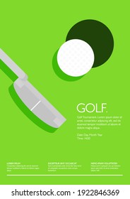 Diseño de afiches para el Torneo de Golf. Plantilla de Retrato Deportivo. Putting, Hole y Green. Competencia profesional y de aficionados. Cierra. Plano, sencillo, estilo retro - Vector