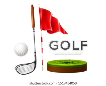 Golf tournament poster with realistic golf club, flag and golf ball on green grass. Vector golf competition flyer design. Elite sport banner.