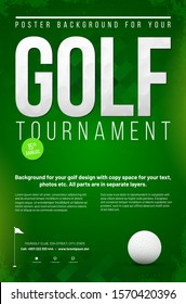 Golf tournament poster template with golf ball and copy space on green background - vector illustration