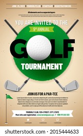 Golf tournament poster template with ball, golf clubs, grass texture and copy space for your text - vector illustration