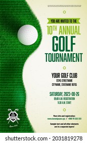 Golf tournament poster template with ball, grass texture and copy space for your text - vector illustration