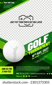 Plantilla de póster del torneo de golf con bola y lugar para su foto - ilustración vectorial