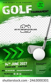 Golf tournament poster template with ball, club, arrows and place for your photo - vector illustration