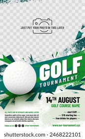 Golf tournament poster template with ball and place for your photo - vector illustration