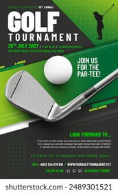 Golf tournament poster template with ball and metal club - sample text in separate layer. Vector illustration.