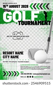 Golf tournament poster template with ball, metal club, arrows, grungy and halftone elements and place for your photo - vector illustration