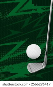 Golf tournament poster template with ball, metal club and dynamic halftone grungy background - vector illustration