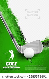 Golf tournament poster template with ball, metal club, grungy background, copy space and place for your photo - vector illustration