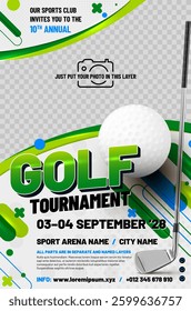 Golf tournament poster template with ball, metal club, graphic elements and place for your photo and text - vector illustration
