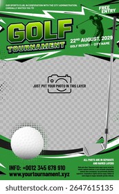 Golf tournament poster template with ball, metal club, grungy and halftone elements and place for your photo - vector illustration