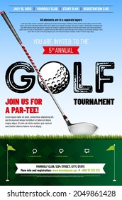 Golf tournament poster template with golf club, grass and copy space for your text - vector illustration